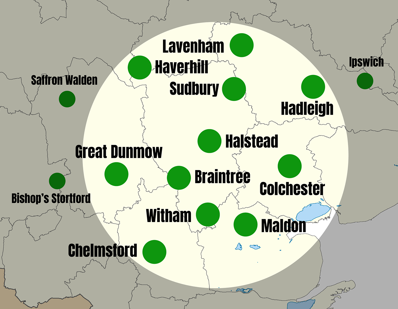 Halstead, Braintree, Sudbury, Colchester, Hadleigh,Maldon, Haverhill, Lavenham, Great Dunmow, Witham, Chelmsford